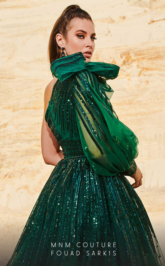 MNM Couture 2745 Tulle Beaded One Shoulder A-Line Long Dress