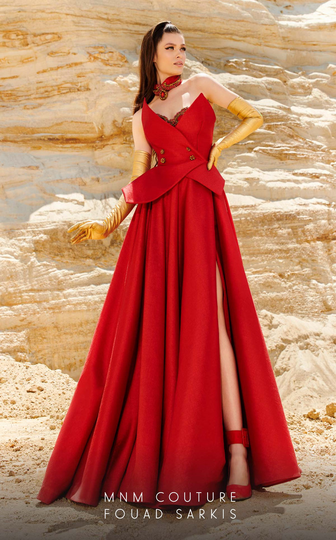 MNM Couture 2767 Crepe Strapless Peplum Beaded Long Dress