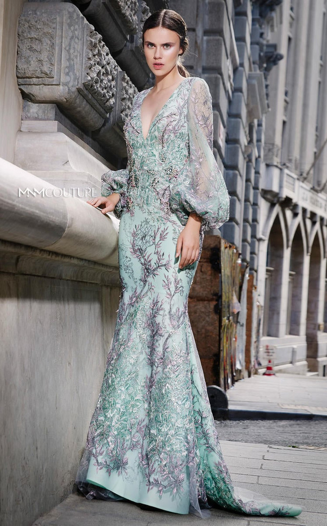 MNM Couture N0309 Lace Plunging Neck Long Puff Sleeves Dress