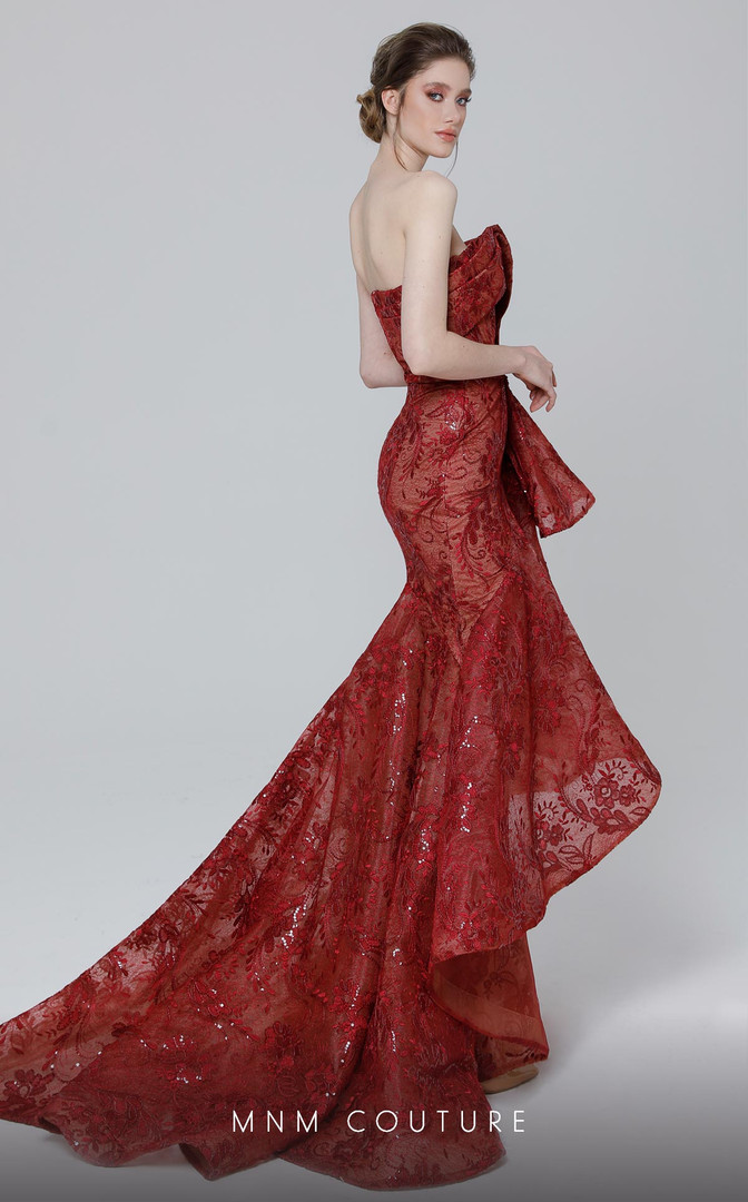 MNM Couture N0468 Lace Strapless Flower Ruffles Fitted Dress