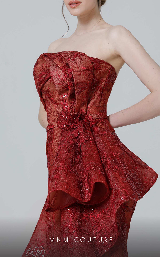 MNM Couture N0468 Lace Strapless Flower Ruffles Fitted Dress