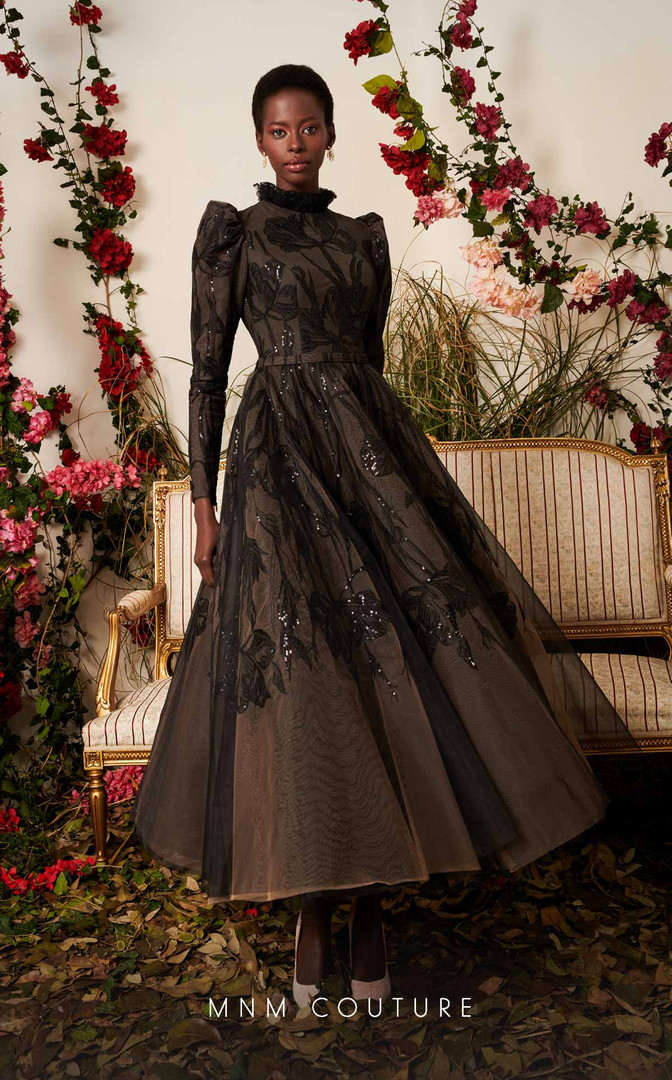 MNM Couture N0477 Sequin Tulle Long Sleeve High Neck Dress