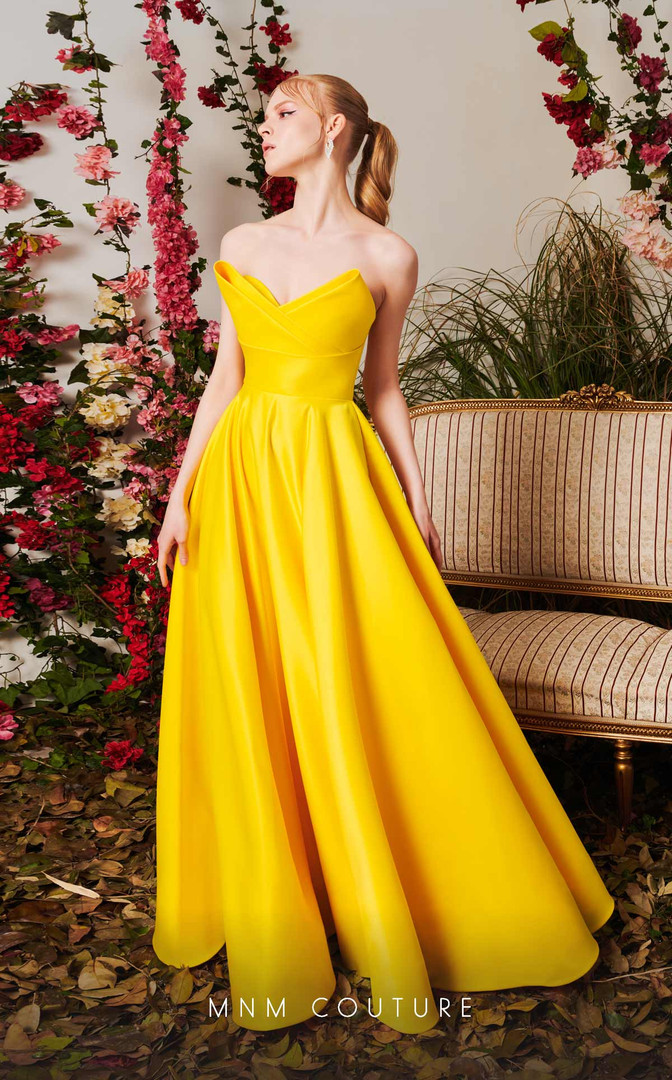 MNM Couture N0491 Taffeta Strapless V-Neck A-Line Long Dress