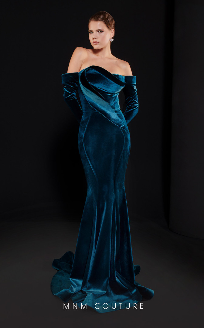 MNM Couture N0522 Velvet Strapless Long Sleeves Long Dress