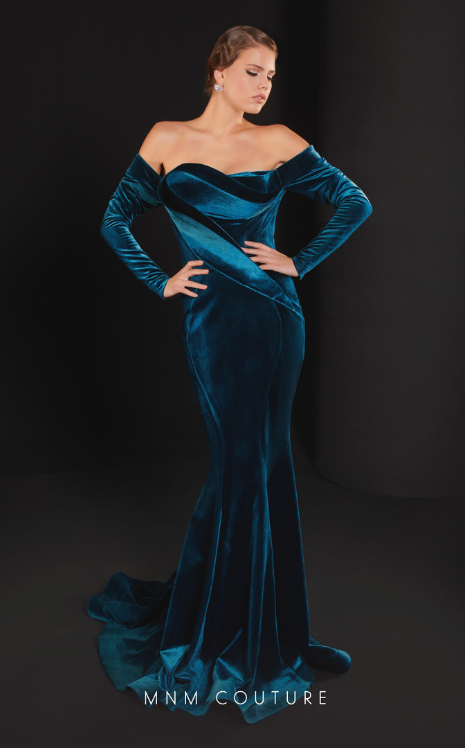 MNM Couture N0522 Velvet Strapless Long Sleeves Long Dress