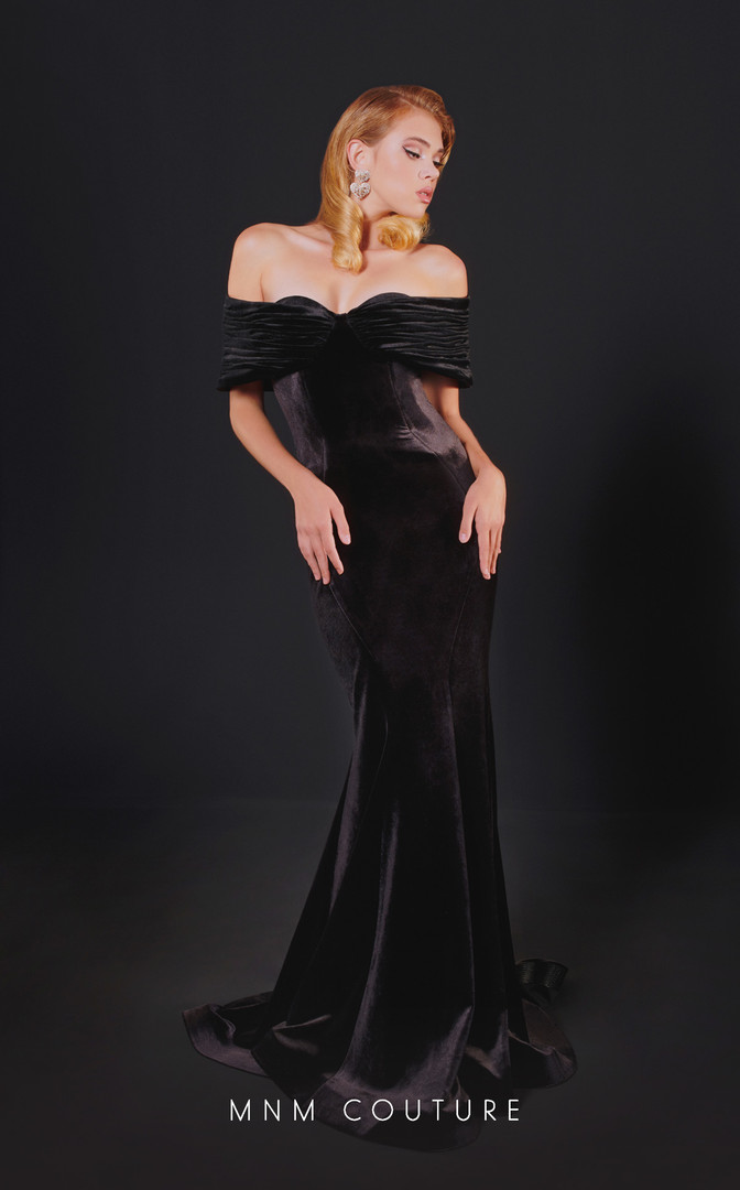 MNM Couture N0523 Velvet Sweetheart Neck Off Shoulder Dress
