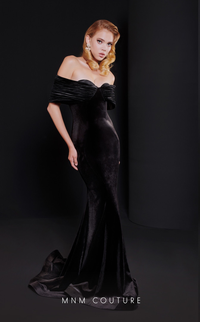 MNM Couture N0523 Velvet Sweetheart Neck Off Shoulder Dress