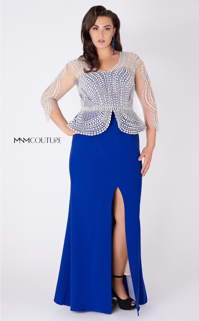 MNM Couture G0573 Crepe Beaded Peplum V-Neck Fitted Dress