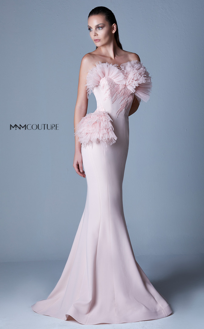 MNM Couture G1091 Crepe Sweetheart Neck Ruffles Long Dress