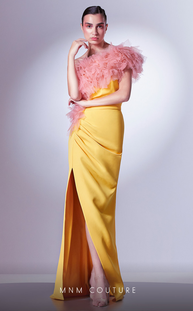 MNM Couture G1301 Sleeveless Ruffles One Shoulder Long Dress