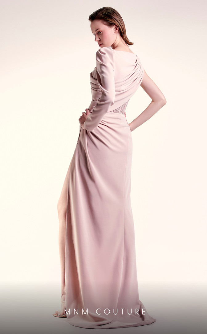 MNM Couture G1408 Crepe One Sleeve Boat Neck Fitted Dress