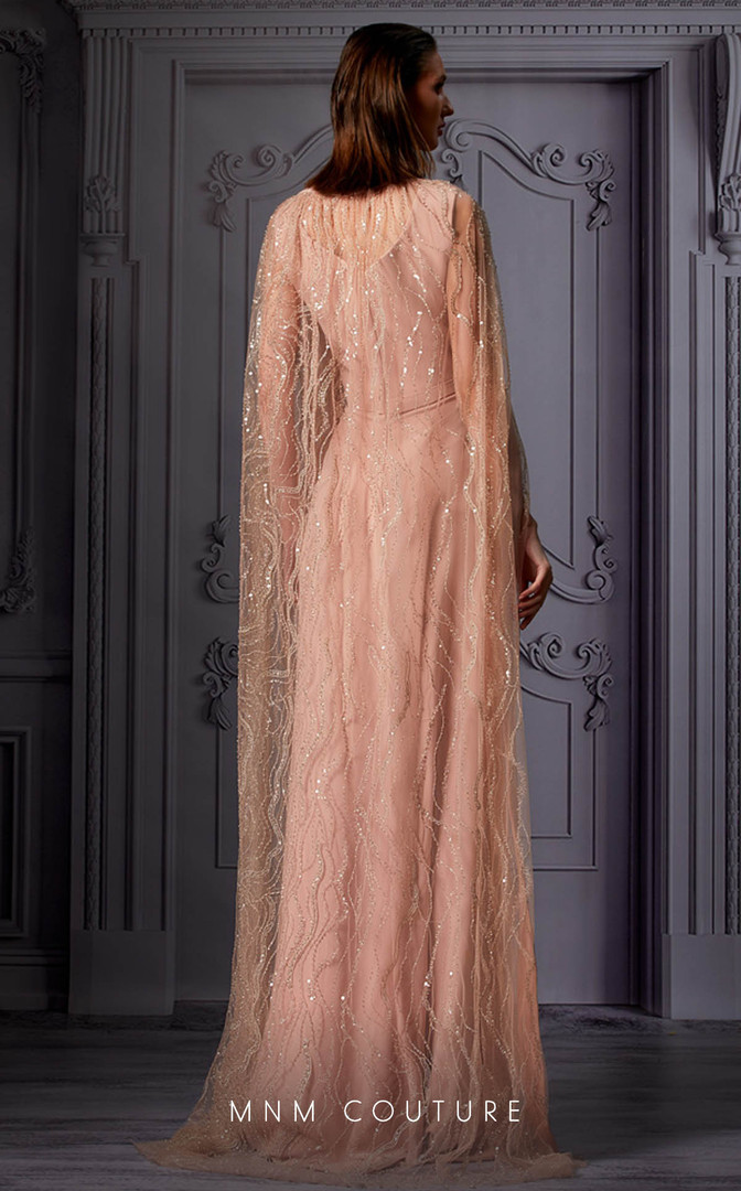 MNM Couture K3855 Crepe Beaded V-Neck Cape Sleeves Dress