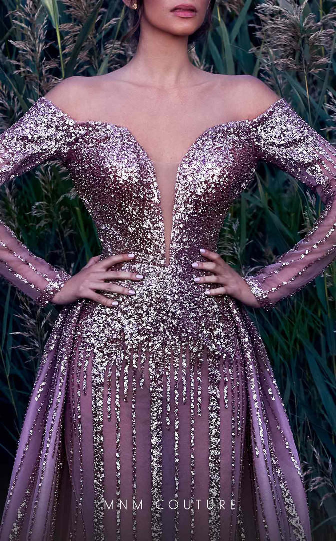 MNM Couture K3913 Chiffon Sequin Plunging Neck Long Dress