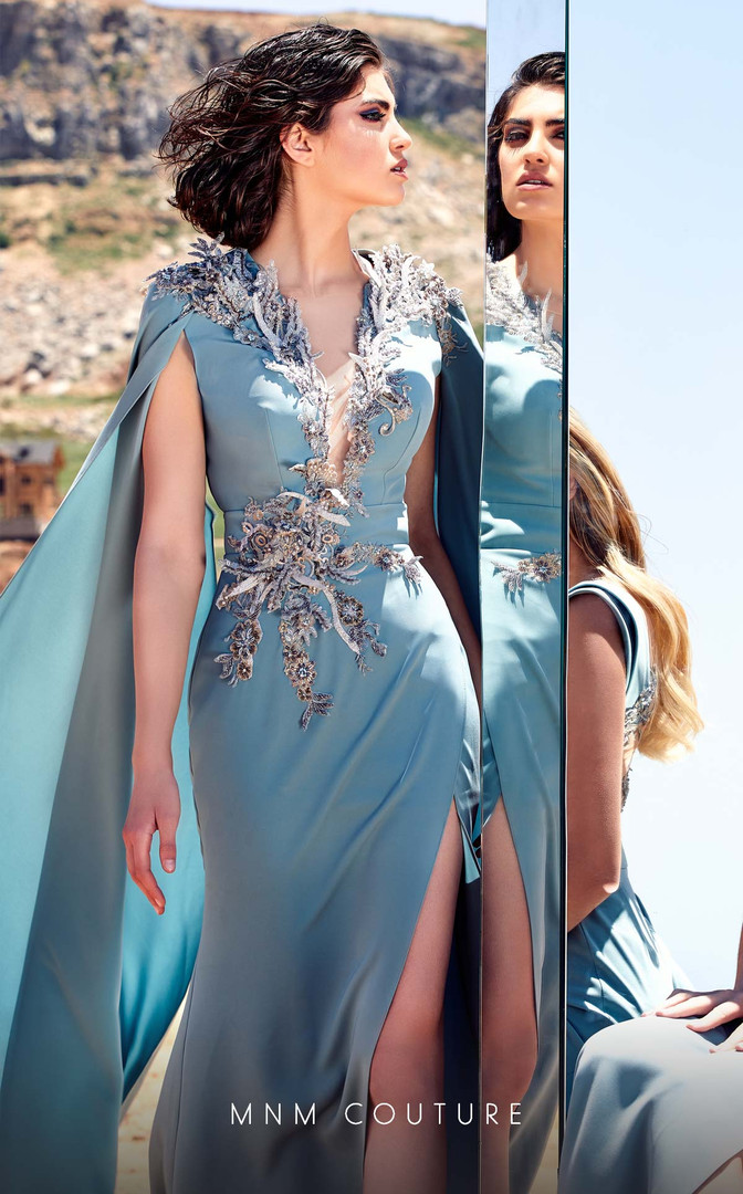 MNM Couture K3916 Embroidery Plunging Neck Long Fitted Dress