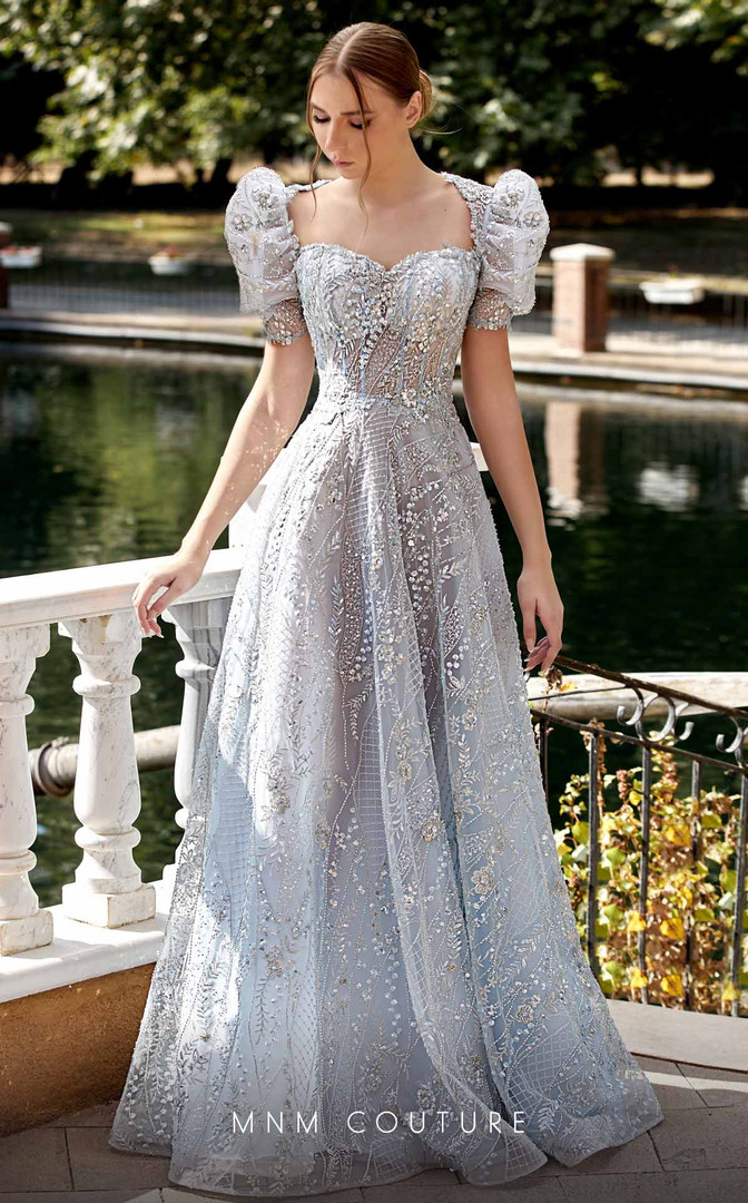 MNM Couture K3921 Puff Short Sleeve Embroidery Beaded Dress