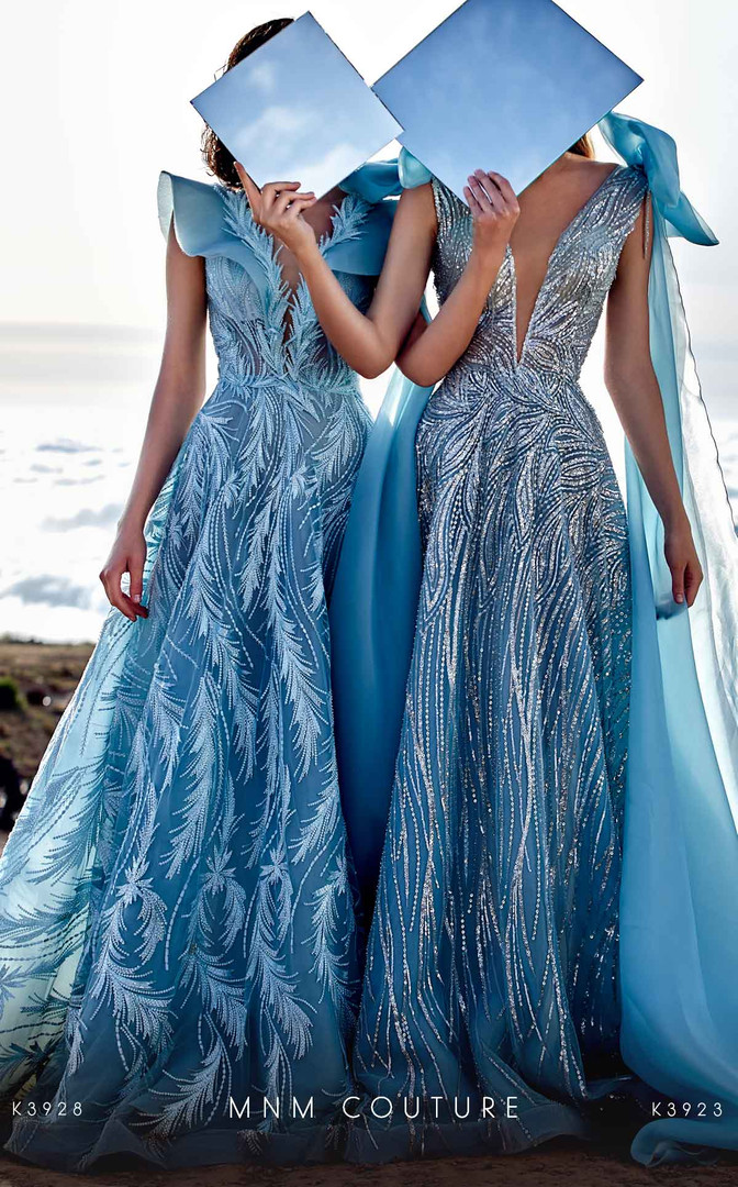MNM Couture K3923 Embroidery Beaded Plunging Neck Long Dress