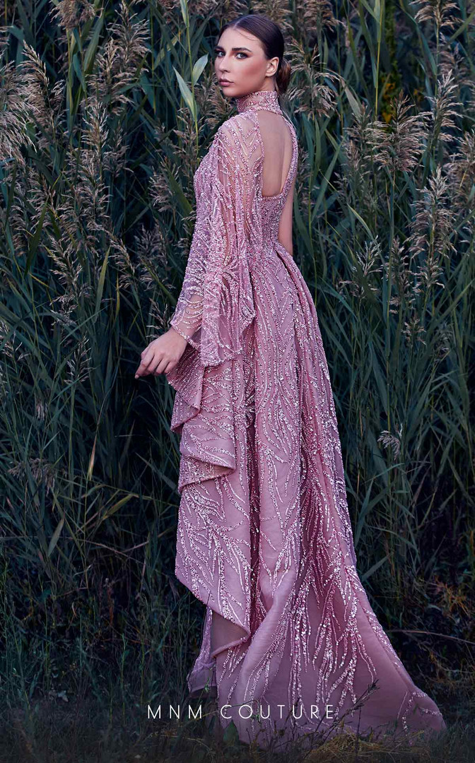 MNM Couture K3925 Embroidery Beaded Turtle Neck Long Dress