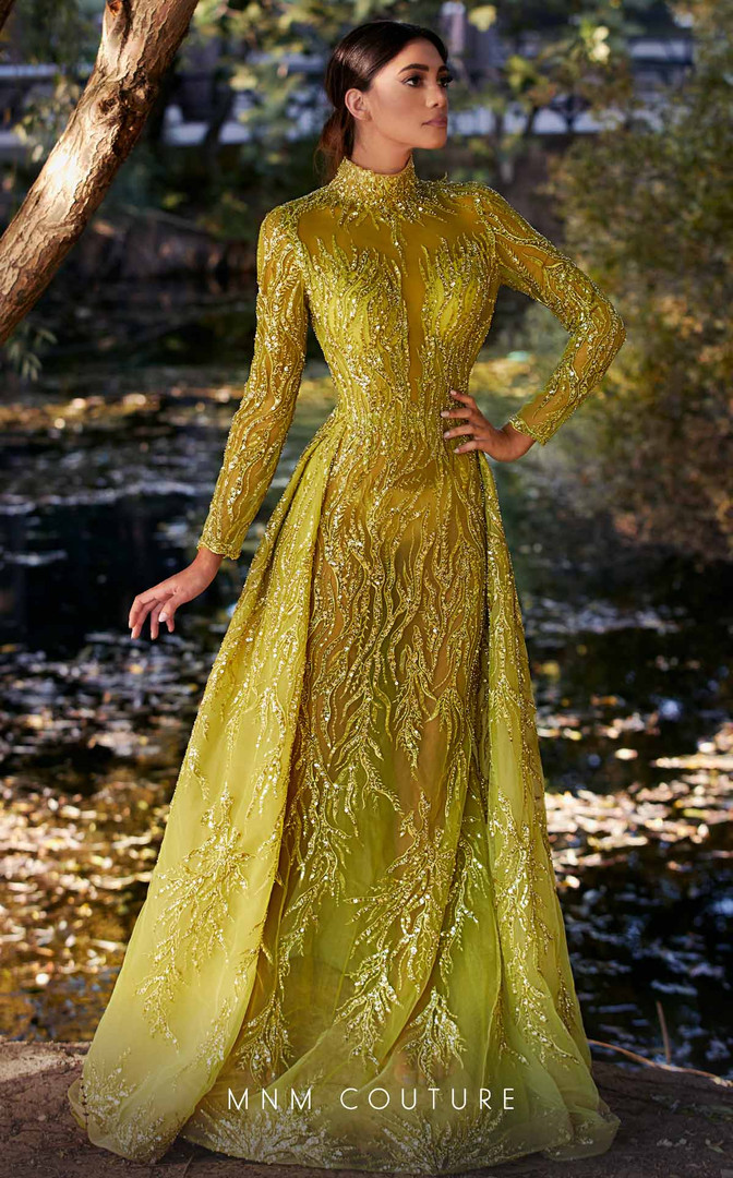 MNM Couture K3926 Embroidery Beaded Turtle Neck Long Dress