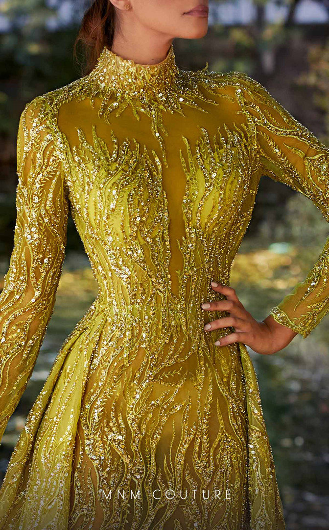 MNM Couture K3926 Embroidery Beaded Turtle Neck Long Dress