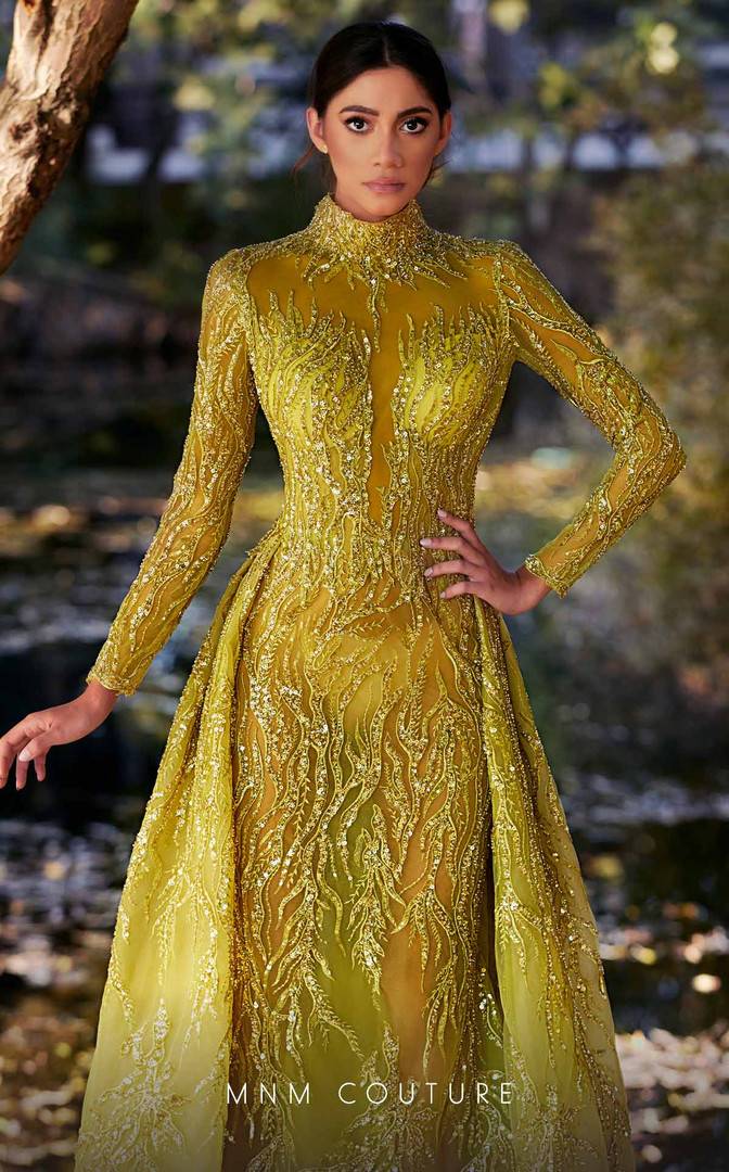 MNM Couture K3926 Embroidery Beaded Turtle Neck Long Dress