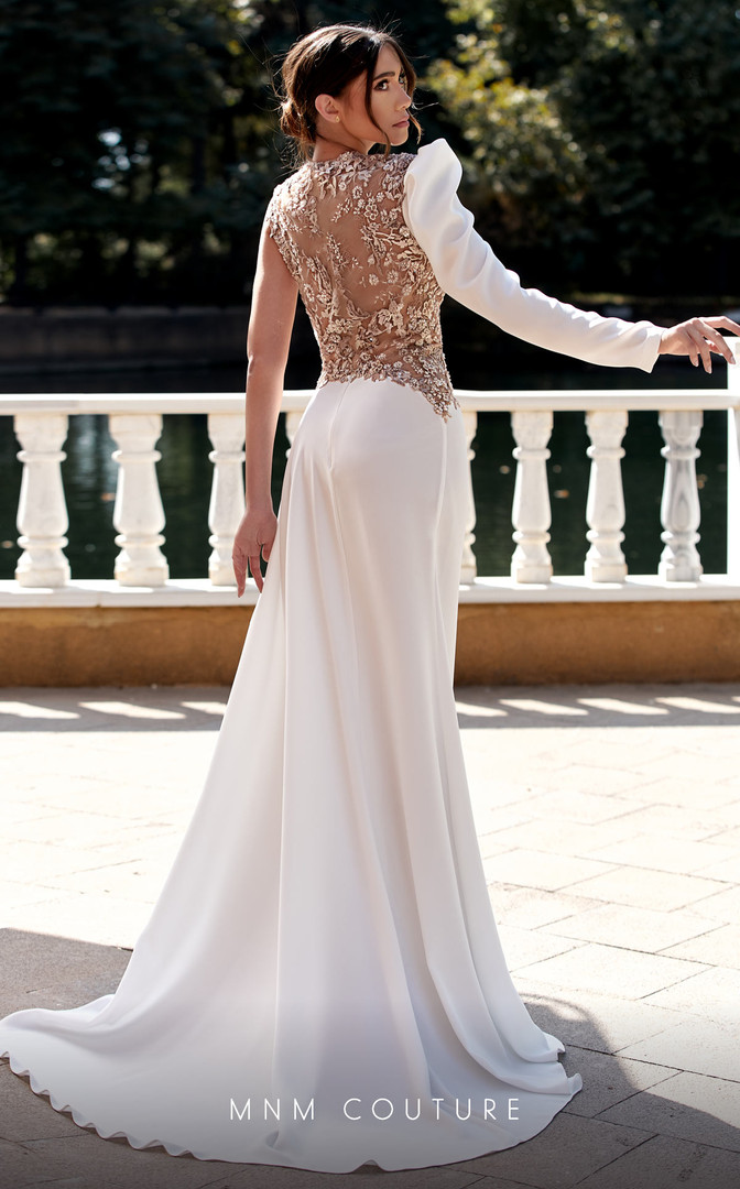 MNM Couture K3939 Embroidery Crew Neck One Sleeve Long Dress