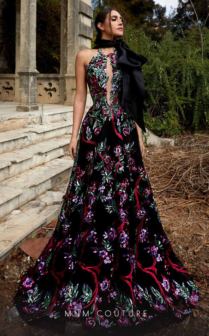 MNM Couture K3951 Embroidery Sleeveless Halter Neck Dress