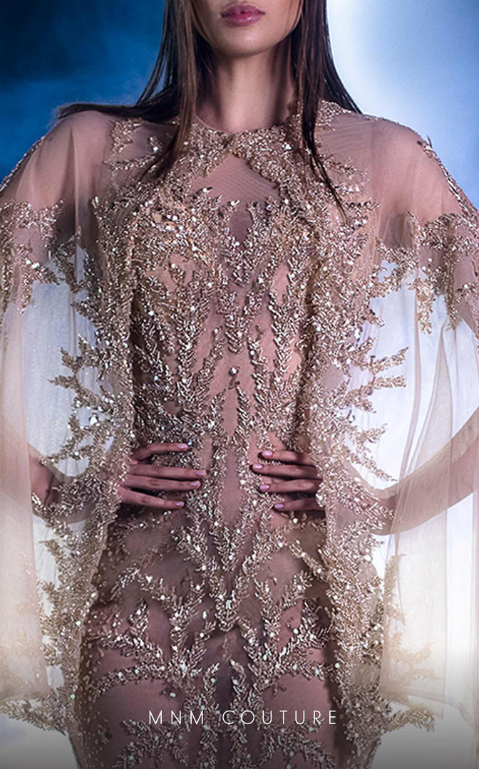 MNM Couture K3960 Cape Sleeves Beaded Crew Neck Long Dress