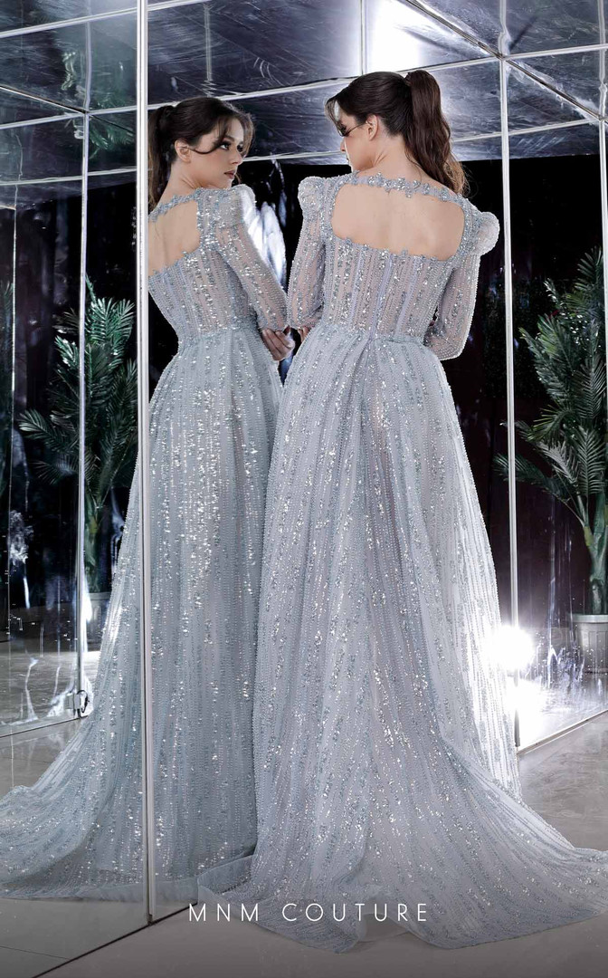 MNM Couture K3980 Beaded Square Neck Long Sleeves Long Dress