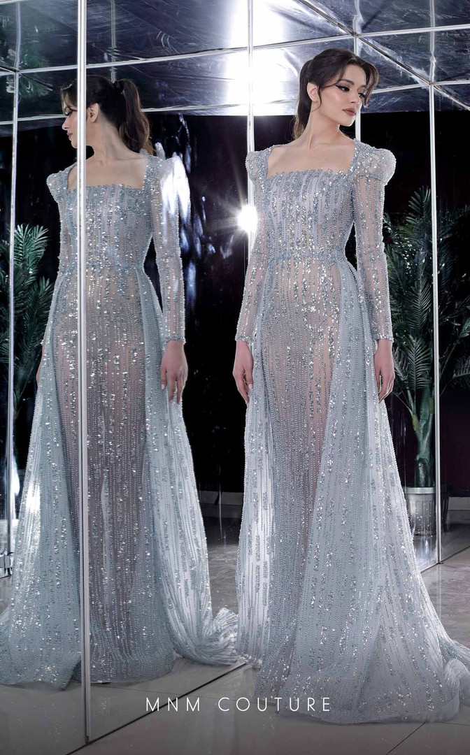 MNM Couture K3980 Beaded Square Neck Long Sleeves Long Dress