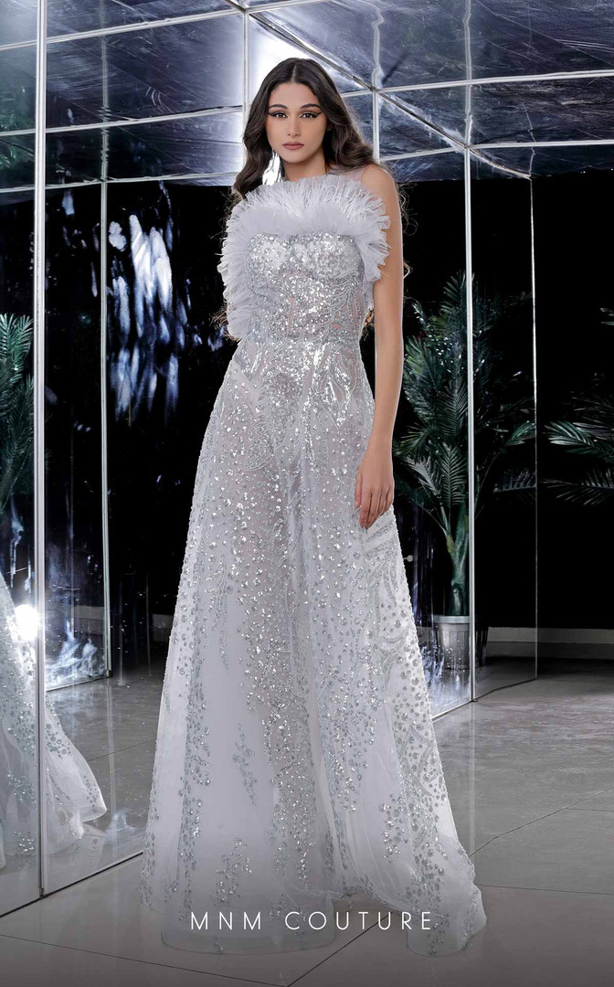 MNM Couture K3983 Beaded Ruffles Feather Crew Neck Dress