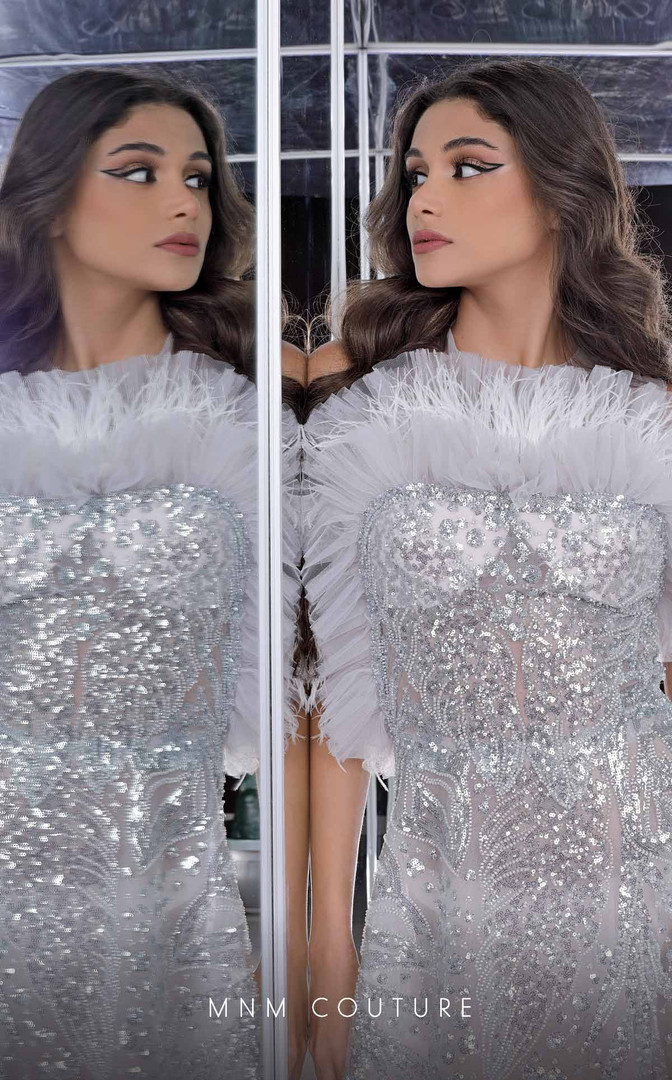 MNM Couture K3983 Beaded Ruffles Feather Crew Neck Dress