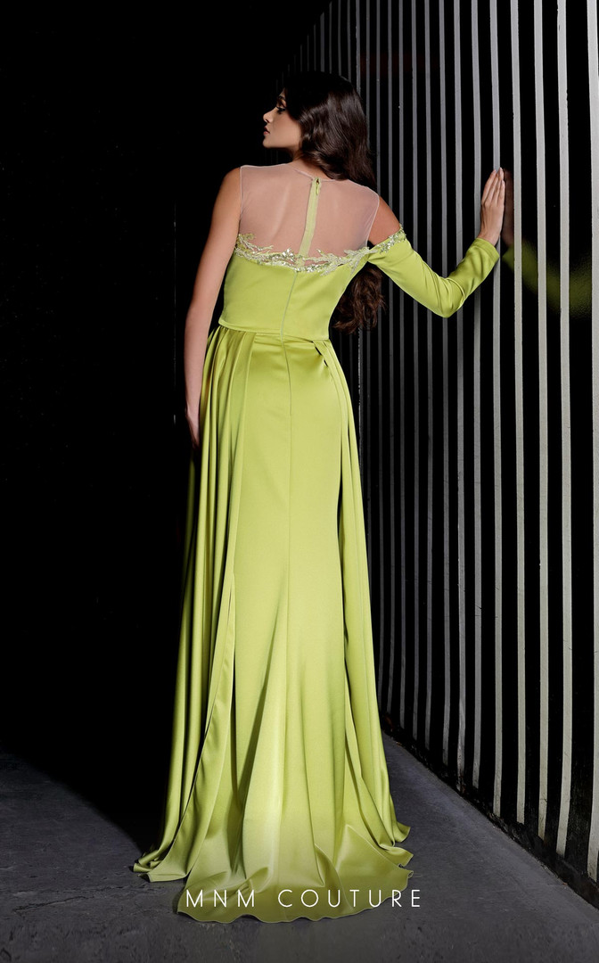 MNM Couture K3985 Satin One Sleeve Embroidery Long Dress