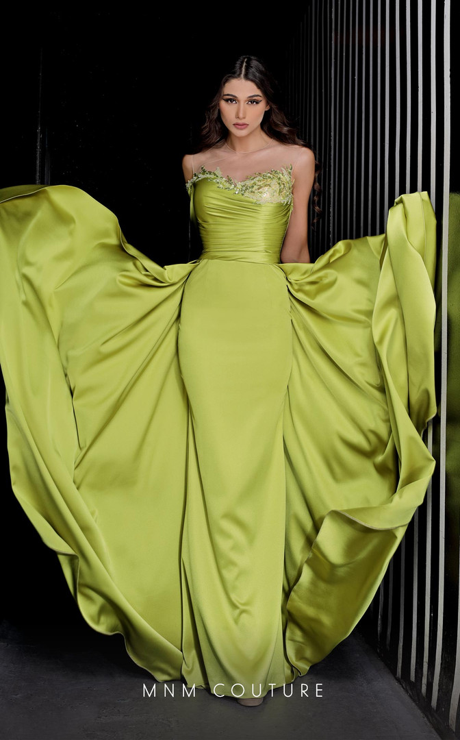 MNM Couture K3985 Satin One Sleeve Embroidery Long Dress