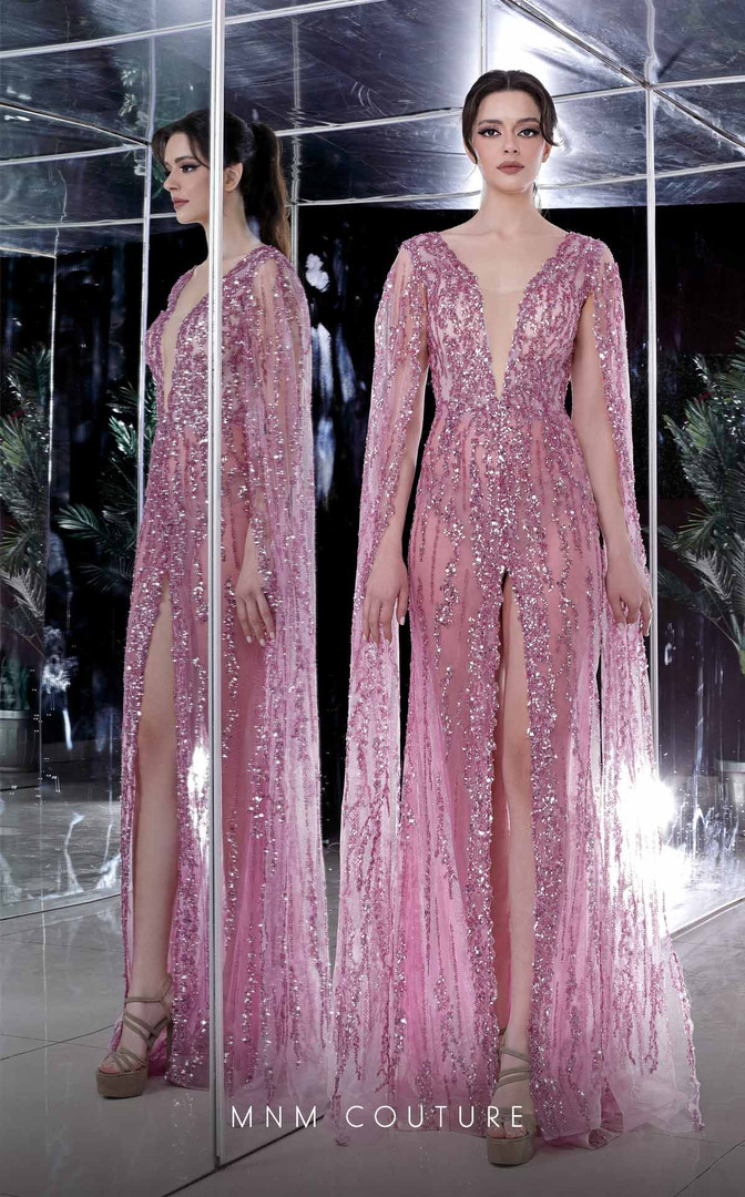 MNM Couture K3992 Plunging Neck Cape Sleeves Beaded Dress