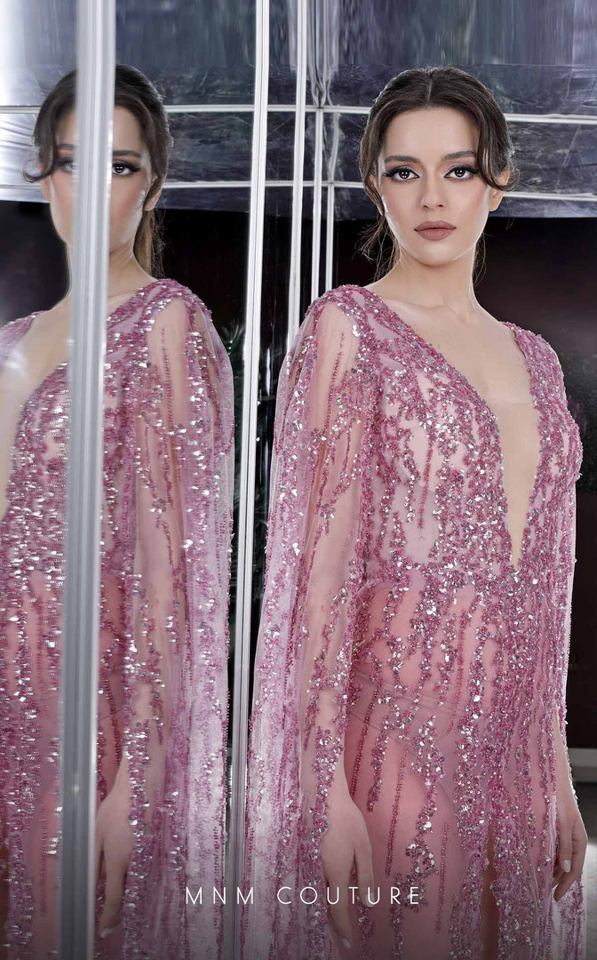 MNM Couture K3992 Plunging Neck Cape Sleeves Beaded Dress