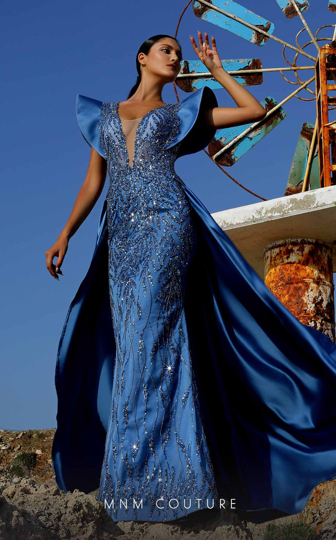 MNM Couture K3999 Beaded Illusion Neck Ruffle Sleeve Dress