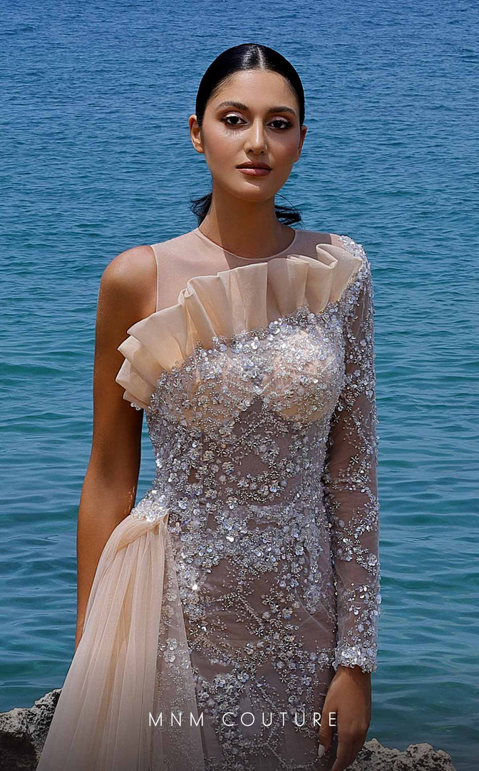 MNM Couture K4003 Chiffon One Sleeve Crew Neck Beaded Dress