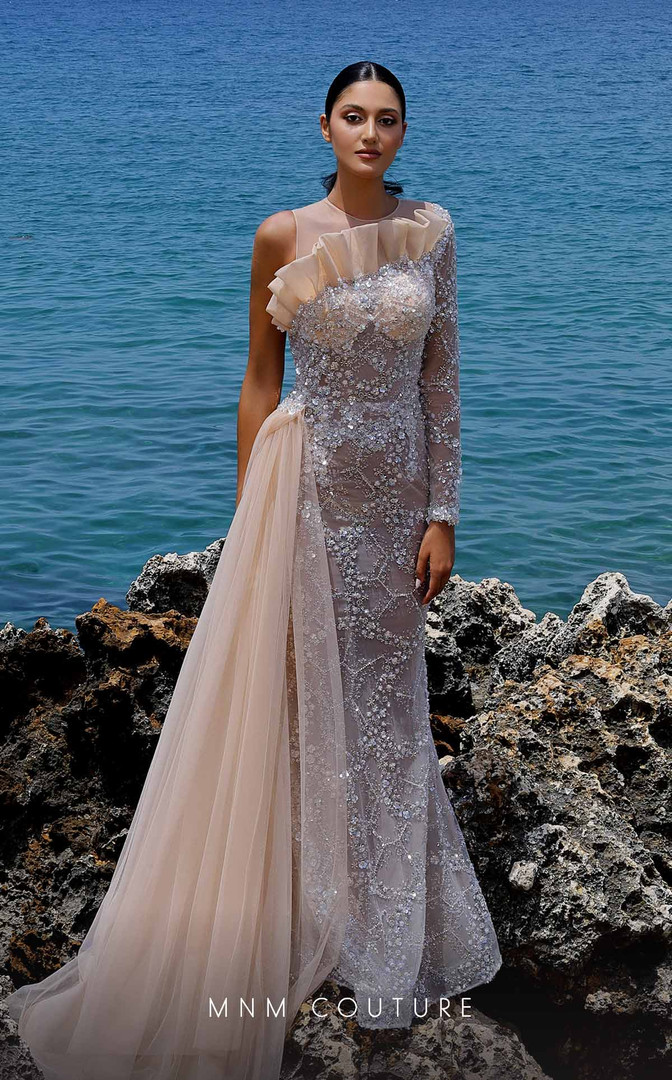 MNM Couture K4003 Chiffon One Sleeve Crew Neck Beaded Dress