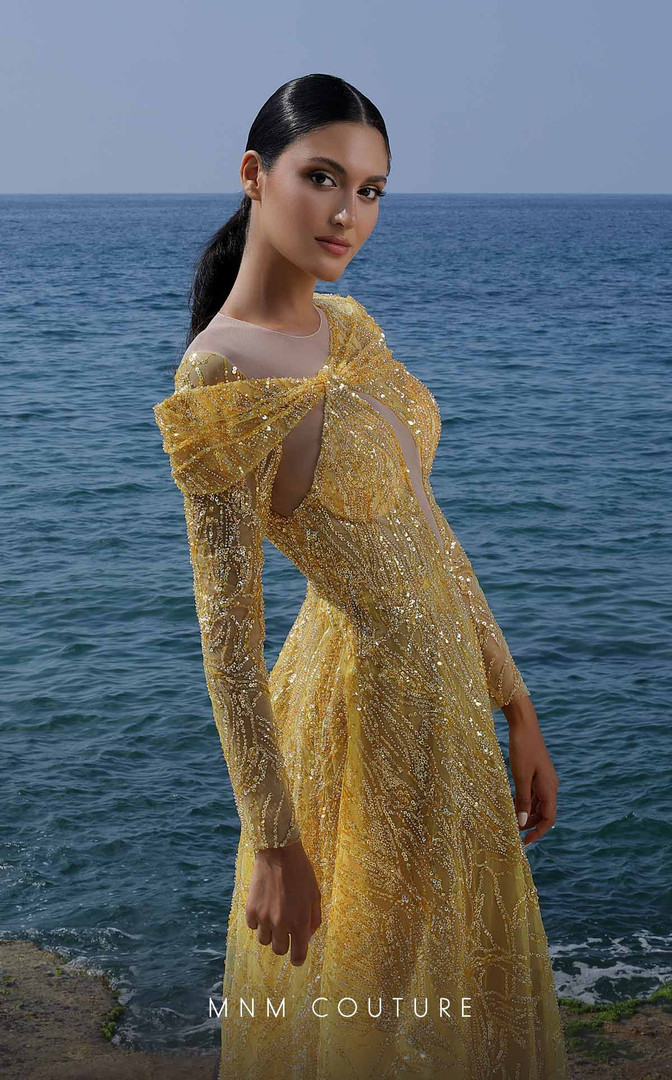 MNM Couture K4004 Beaded Long Sleeves Crew Neck Long Dress