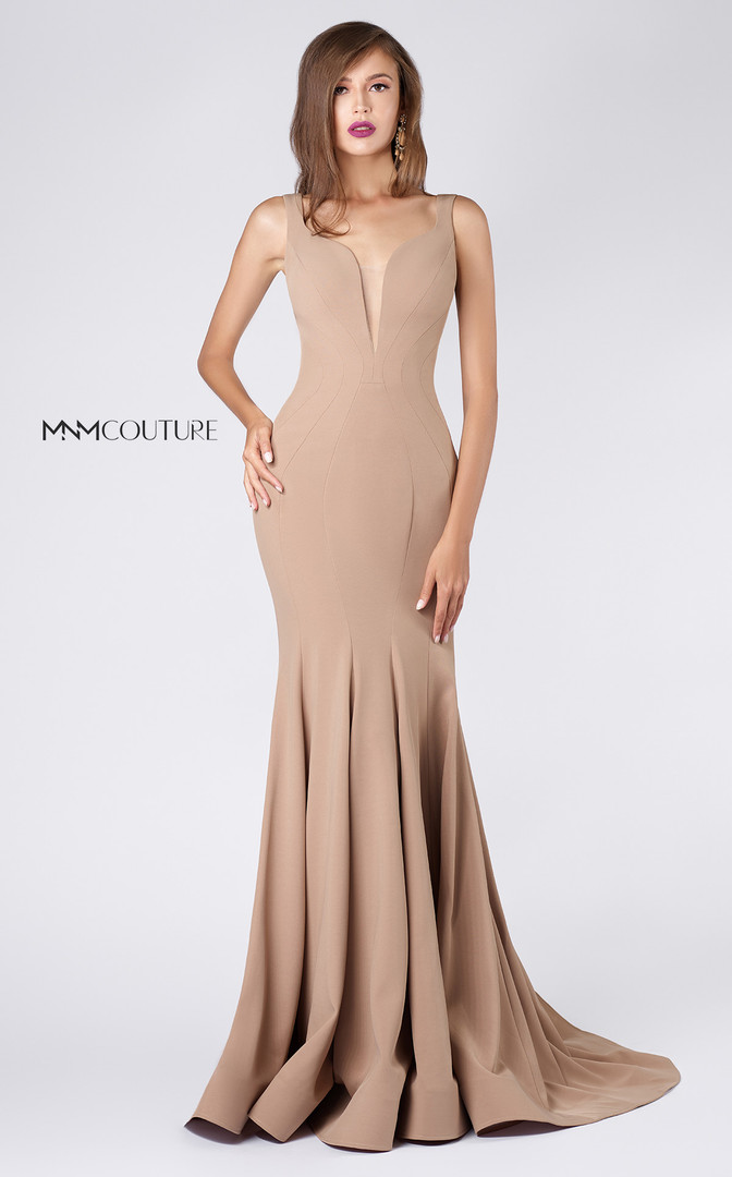 MNM Couture M0008 Crepe Sleeveless Plunging Neck Long Dress