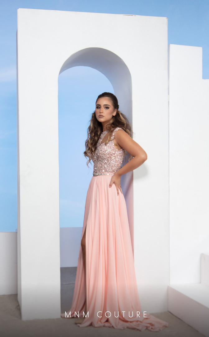 MNM Couture M0088 Chiffon Beaded Sleeveless High Neck Dress