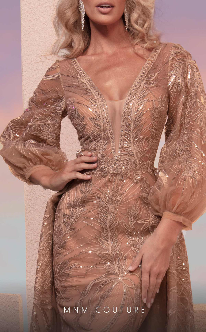 MNM Couture M0099 Puff Sleeves Plunging Neck Fitted Dress