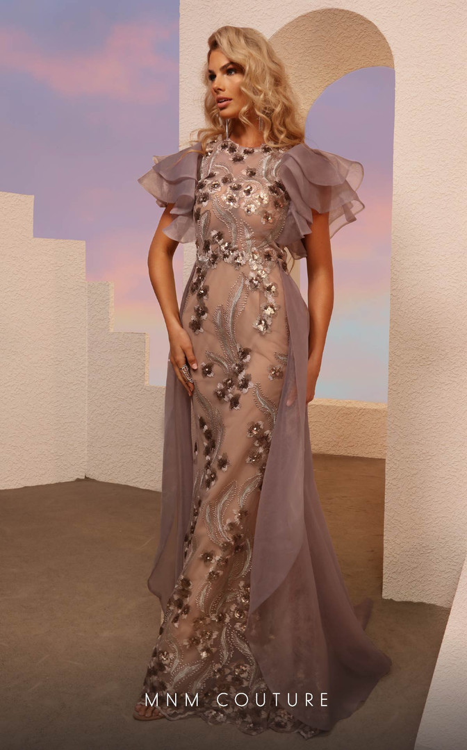 MNM Couture M0101 Organza Short Ruffle Sleeves Fitted Dress