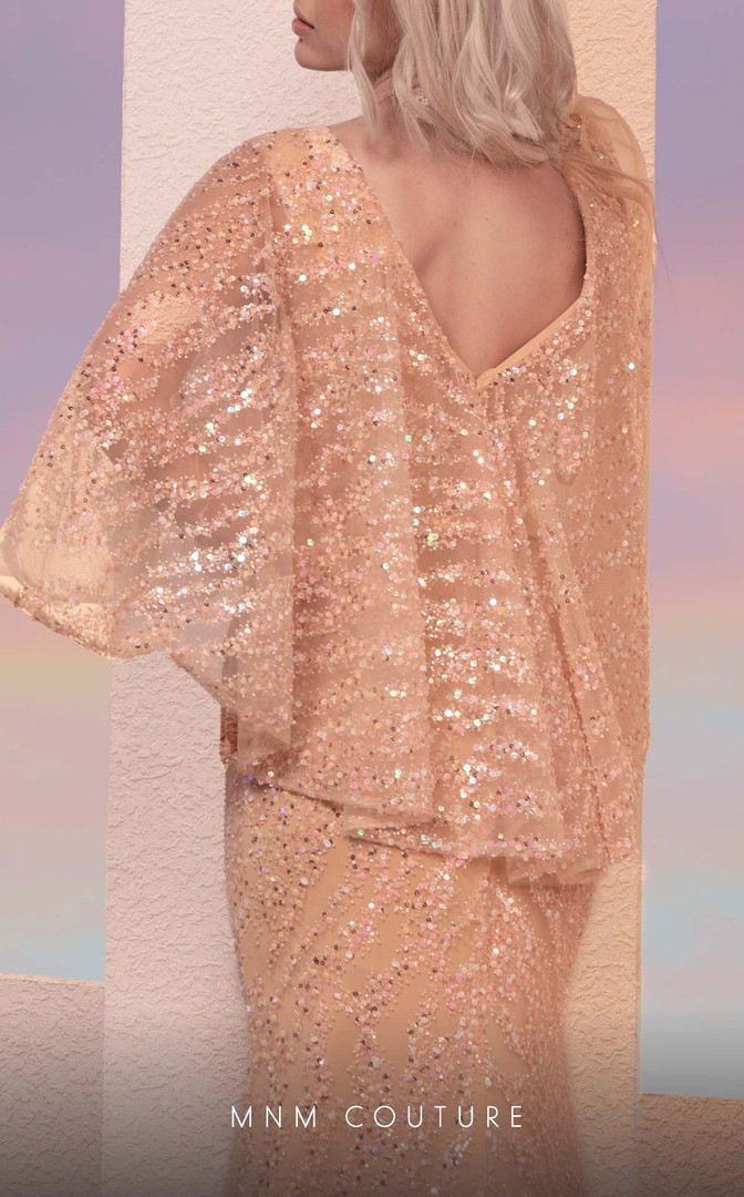 MNM Couture M0106 Plunging Neck Cape Sleeves Fitted Dress