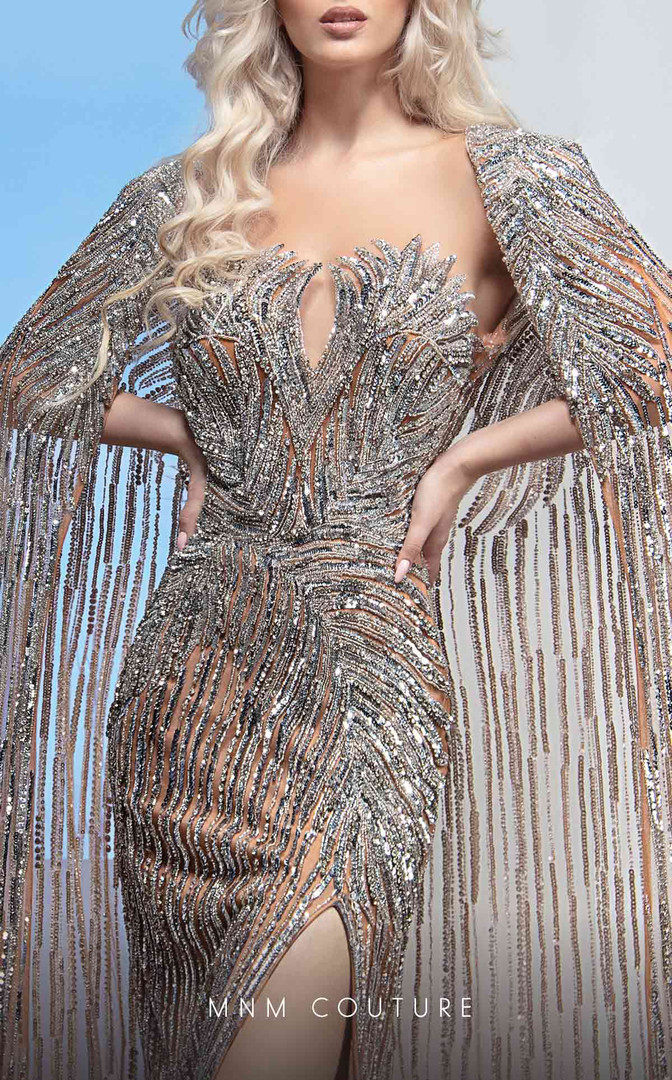 MNM Couture M1003 Cape Beaded Illusion Neck Fitted Dress