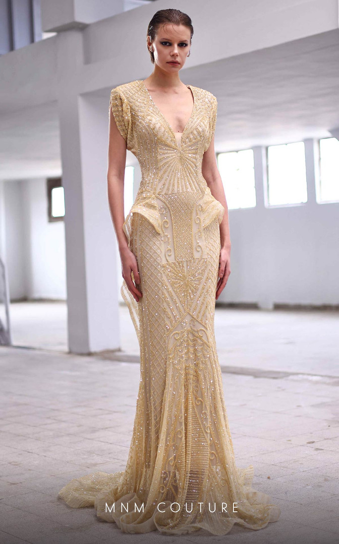 MNM Couture M1004 Beaded Plunging Neck Cap Sleeves Dress