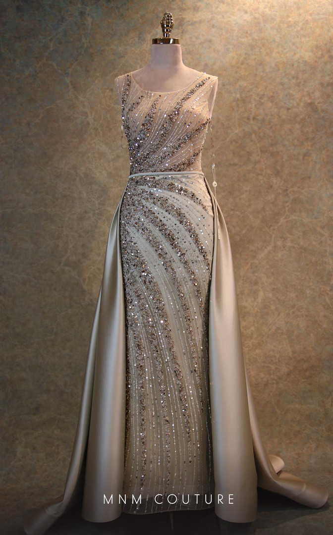 MNM Couture V6397 Satin Beaded Scoop Neck Sleeveless Dress