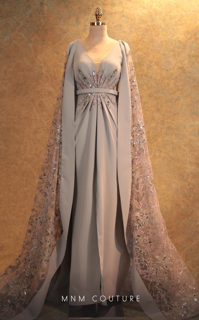MNM Couture V6463 Crepe Plunging Neck Cape Sleeves Dress
