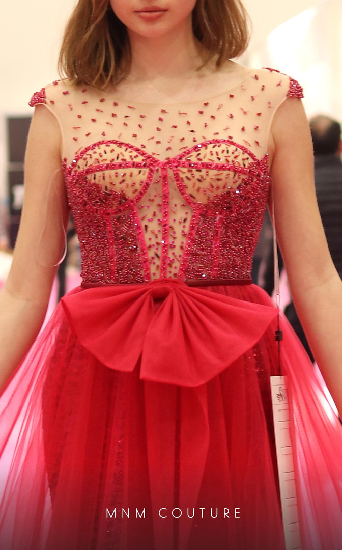 MNM Couture V6502 Tulle Beaded Boat Neck Corset Long Dress