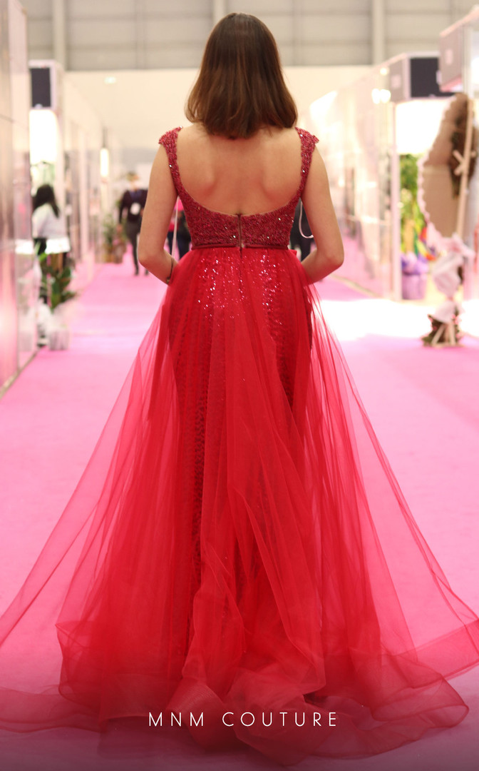 MNM Couture V6502 Tulle Beaded Boat Neck Corset Long Dress